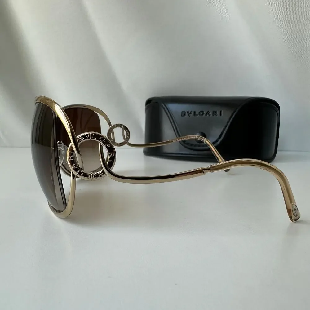 Bvlgari 6026 Oversized Sunglasses Gold Brown Gradient Logo Temple w/ Case